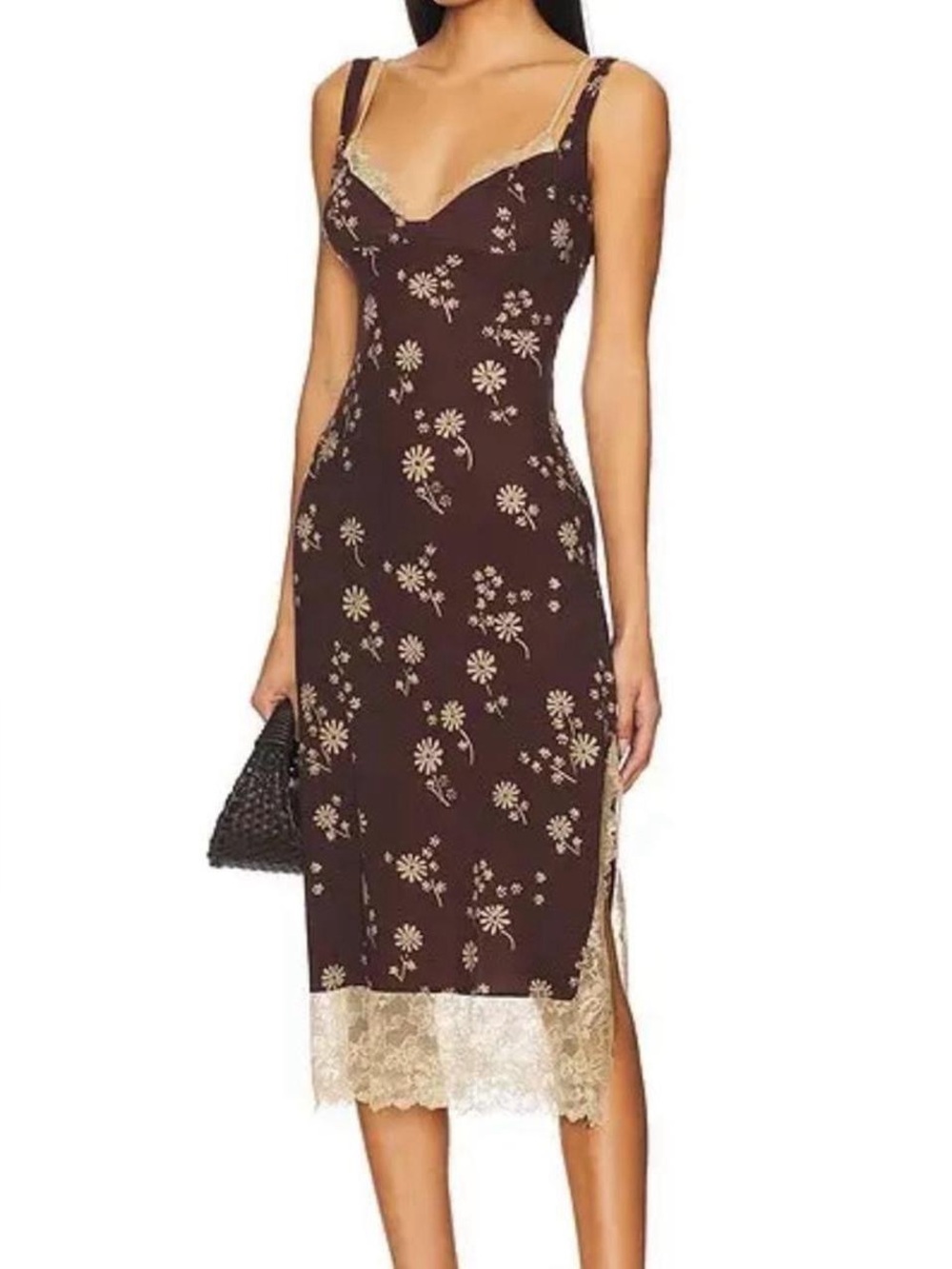 Free People Brown Floral Lace-Trim Slip Dress